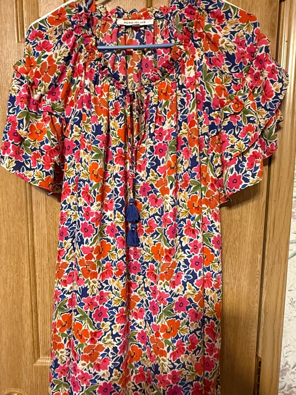 Rose & Olive Navy Floral Tassel Tie-Neck Tunic